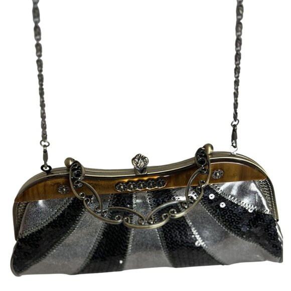 Vintage Silver & Black Sequin Evening Bag With Chain Strap & Ornate Brass Detail - Picture 1 of 5
